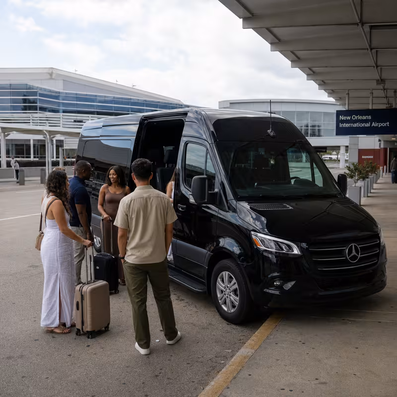 Group boarding a white charter bus for Airport Transportation transportation in New Orleans