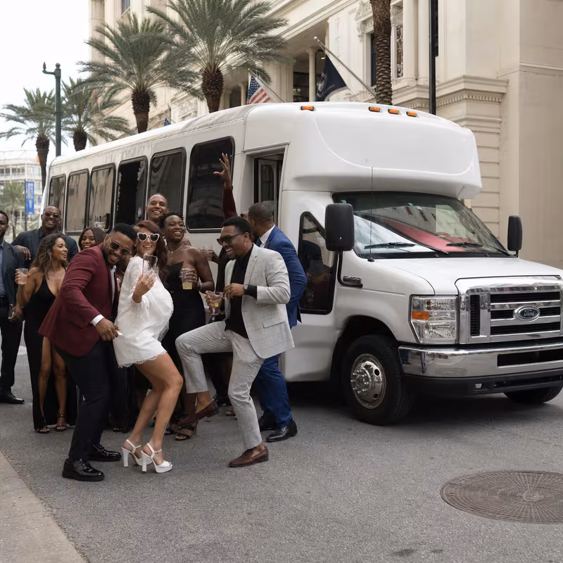 Black Mercedes Sprinter van staged for an New Orleans Bachelor & Bachelorette Transportation group