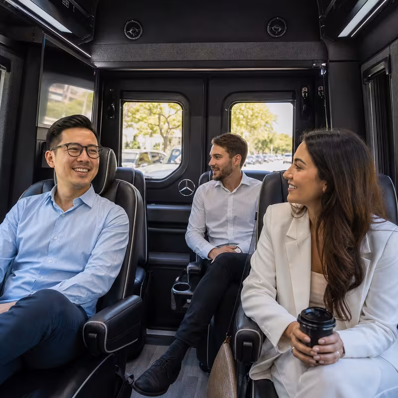 Group boarding a white charter bus for Corporate Transportation transportation in New Orleans