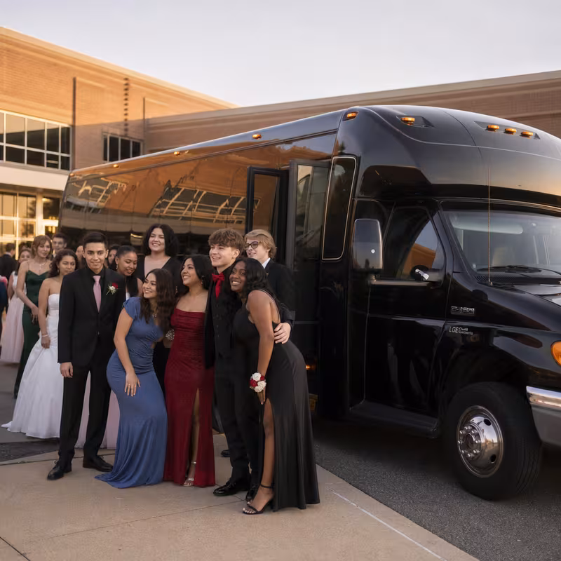 Group boarding a white charter bus for Prom & Homecoming Transportation transportation in New Orleans