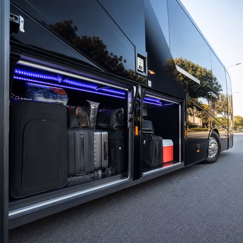 Party bus interior with wraparound leather seating and LED lighting in New Orleans
