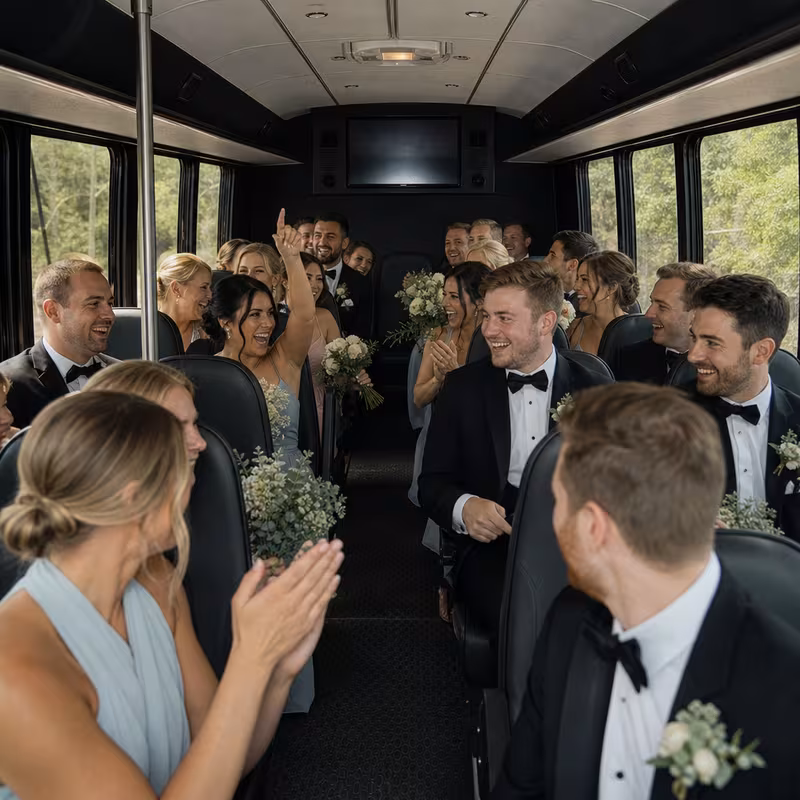 Group boarding a white charter bus for Wedding Transportation transportation in New Orleans