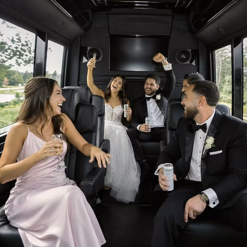 Black Mercedes Sprinter van staged for an New Orleans Wedding Transportation group
