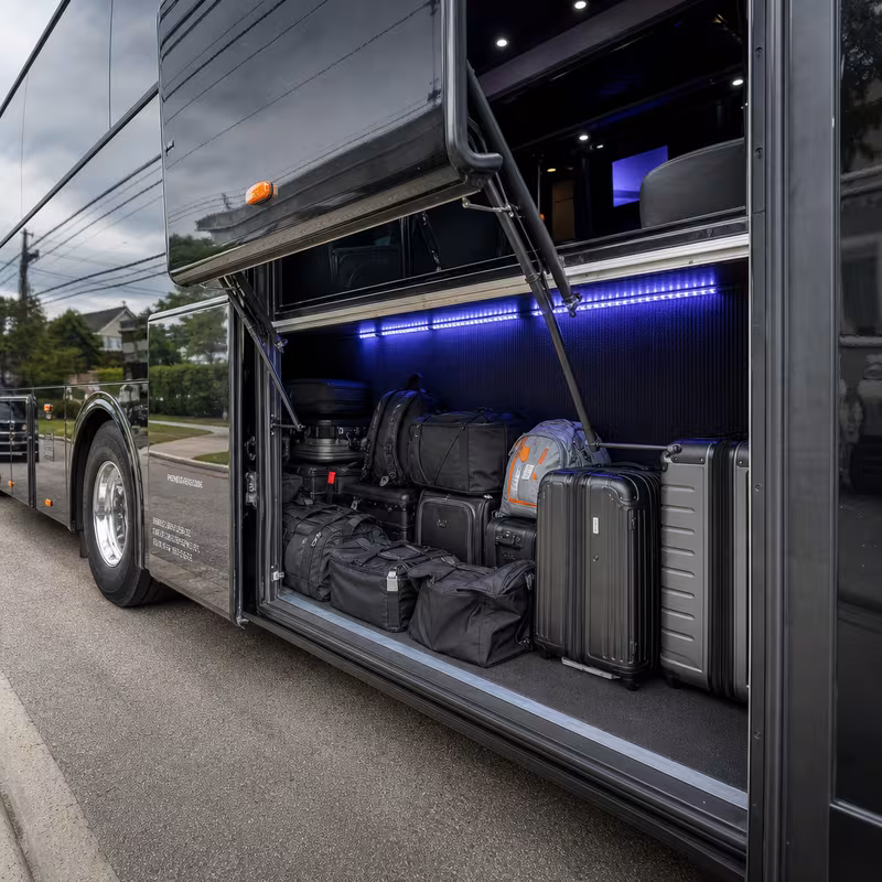 Party bus interior with wraparound leather seating and LED lighting in New Orleans